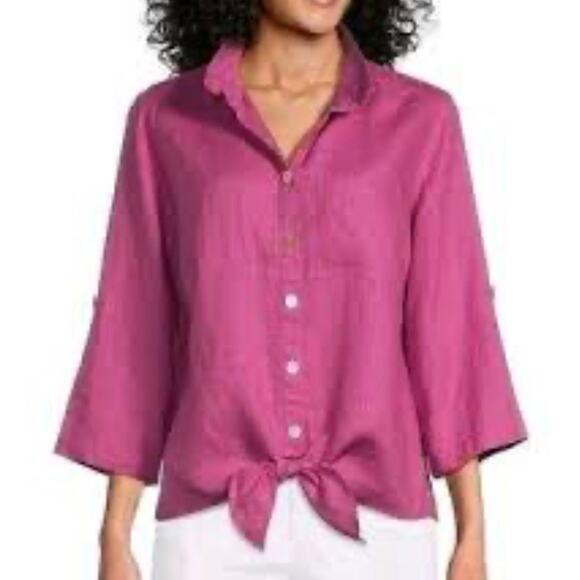 John Mark Pink 100% Linen Button Down Shirt Tie Front Size XL Roll Tab Sleeves - Picture 1 of 10